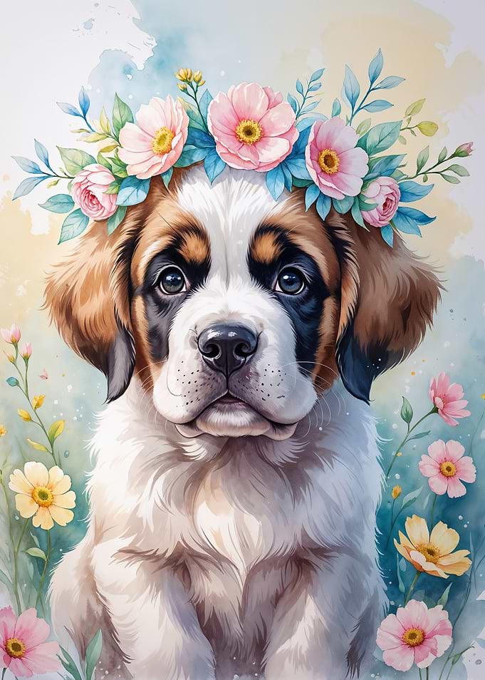 Saint Bernard Puppy with Flower Crown Watercolor