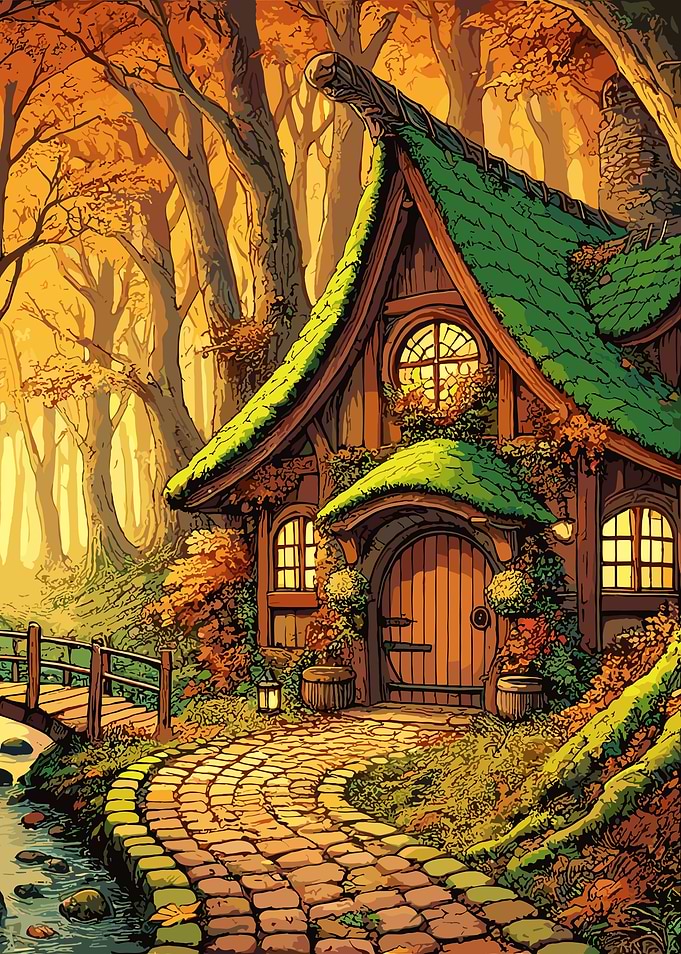 Cozy Cottage in Autumn Forest
