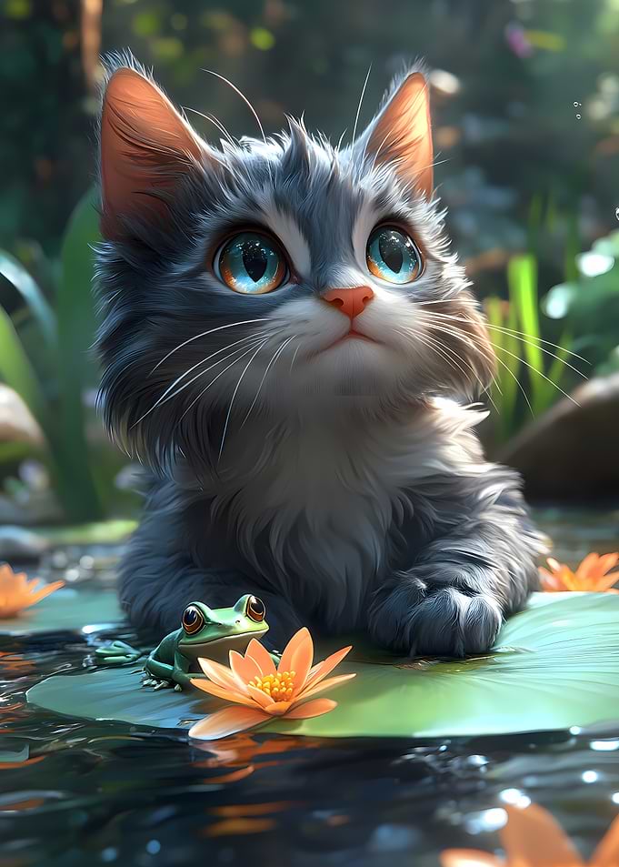 Cute Chartreux Cat Kitten and Frog Animal