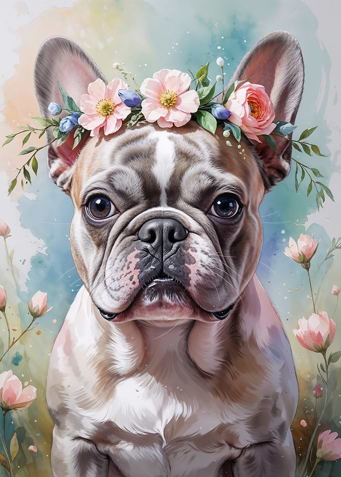 French Bulldog with Flower Crown Watercolor