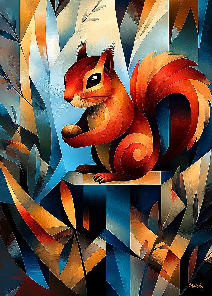Contemporary Cubist Take on Dürer's Squirrel Study - Modern Wildlife Wall Art