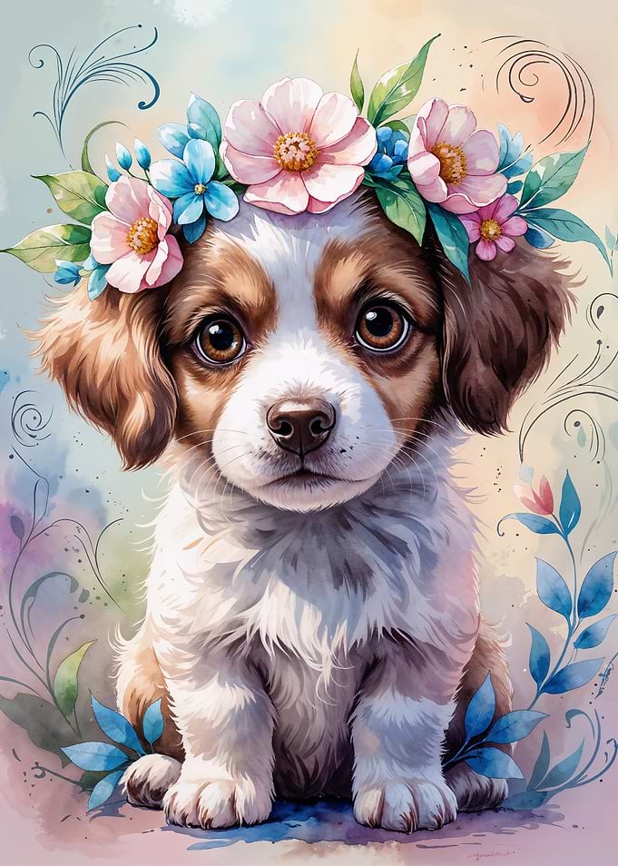 Puppy with Flower Crown Watercolor