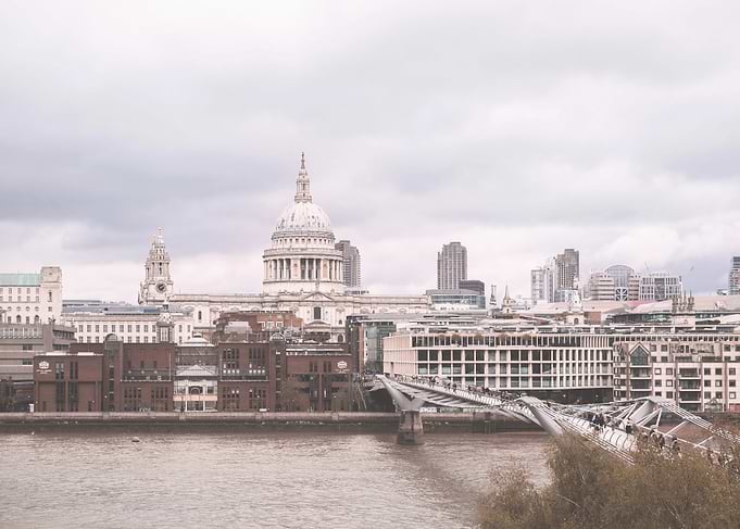 London SLondon, England I Skyline view of Saint Paul's Cathedral Millennium Bridge over River Thames from the Tate Modern museum for a grey urban landscape panorama in the Londoner rainkyline with St. Paul's