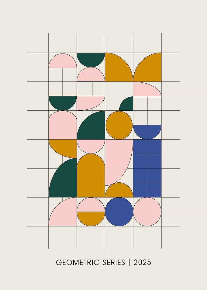 Bauhaus Geometric Shapes Grid - Pink Blue Yellow