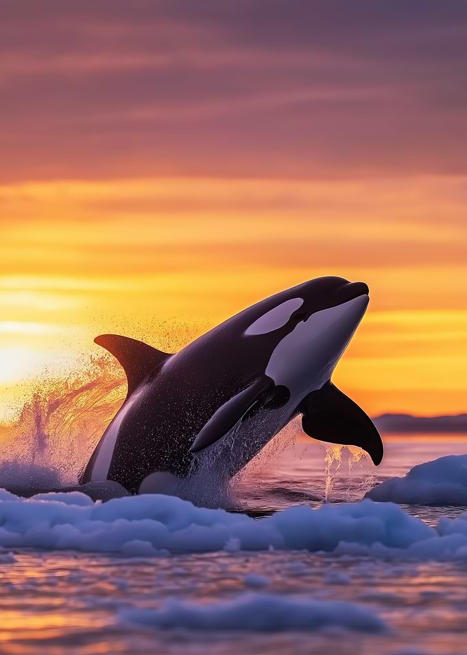 Orca Leaping Sunset in Icy Waters