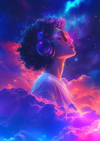 Woman in Headphones Against Galaxy