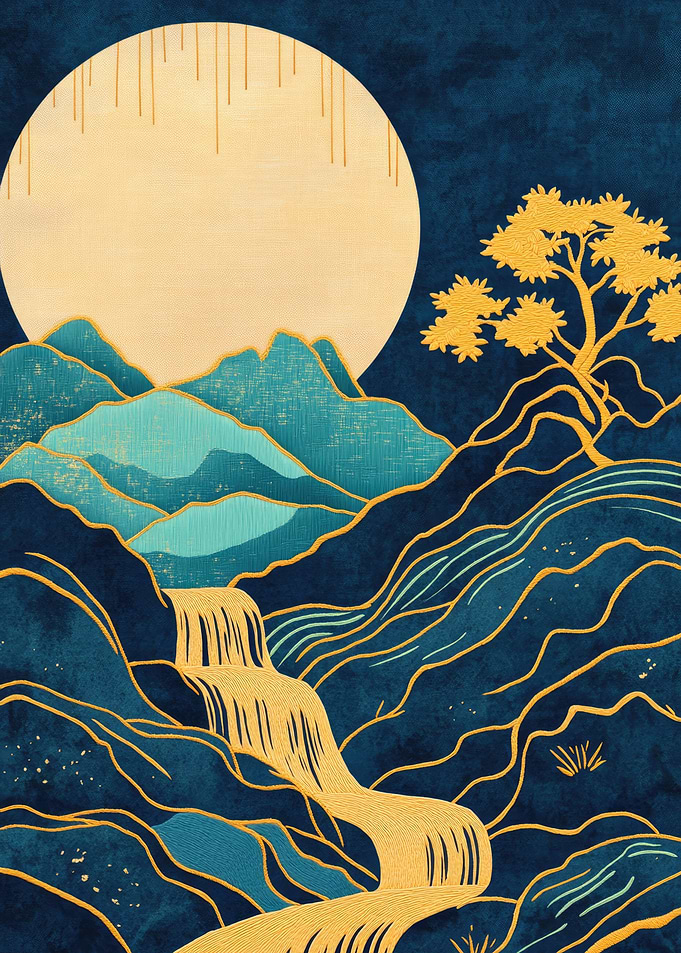 Golden Waterfall Minimalist Landscape