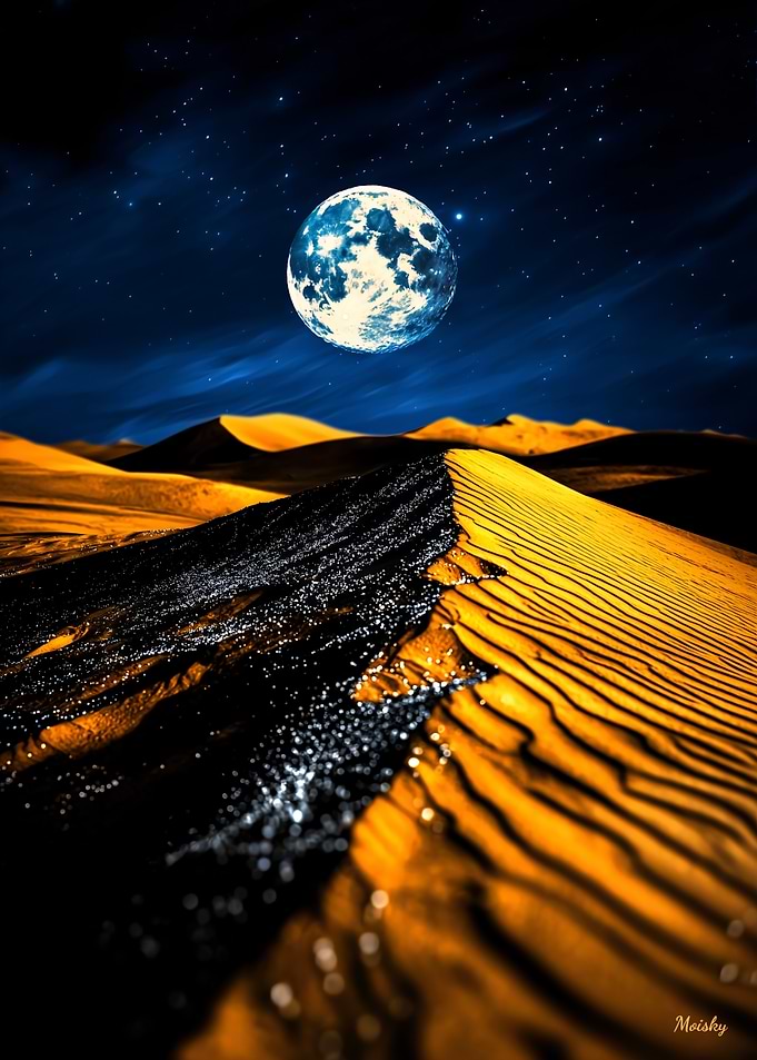 Lunar Dunes: Moonlit Desert and Shimmering Path