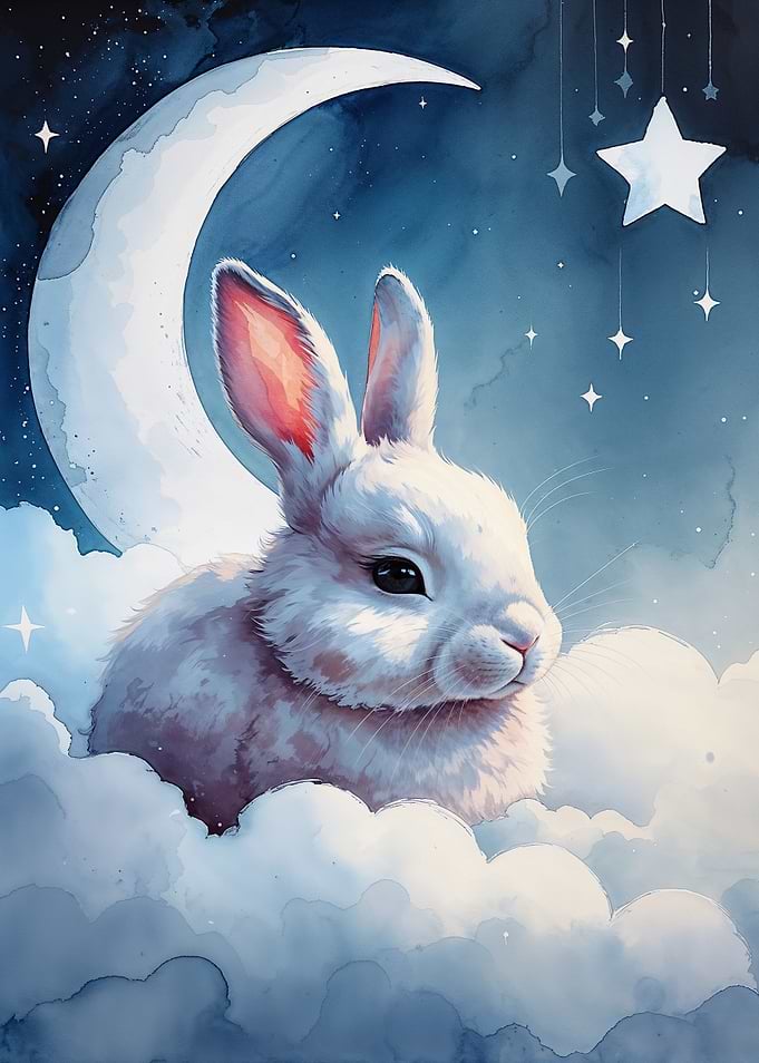 Sleepy White Rabbit on Clouds Watercolor