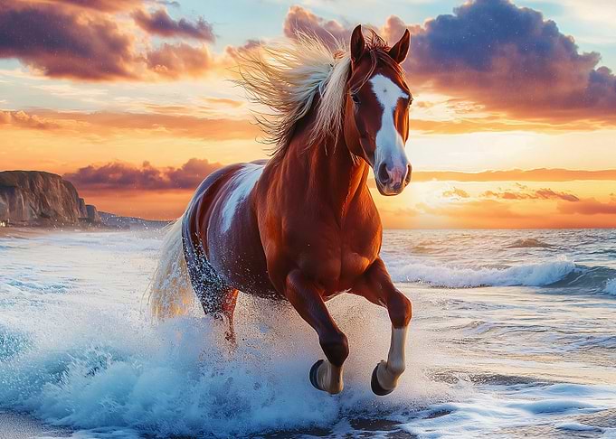 Horse Running on Beach at Sunset