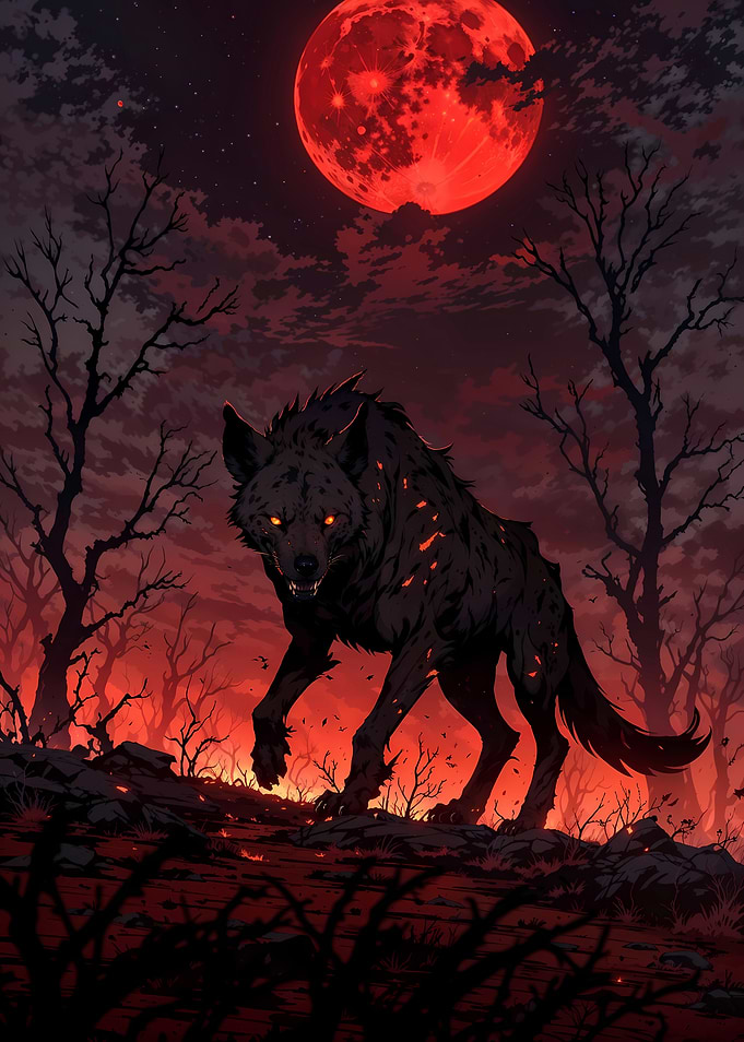 Fiery Hyena Under Blood Moon