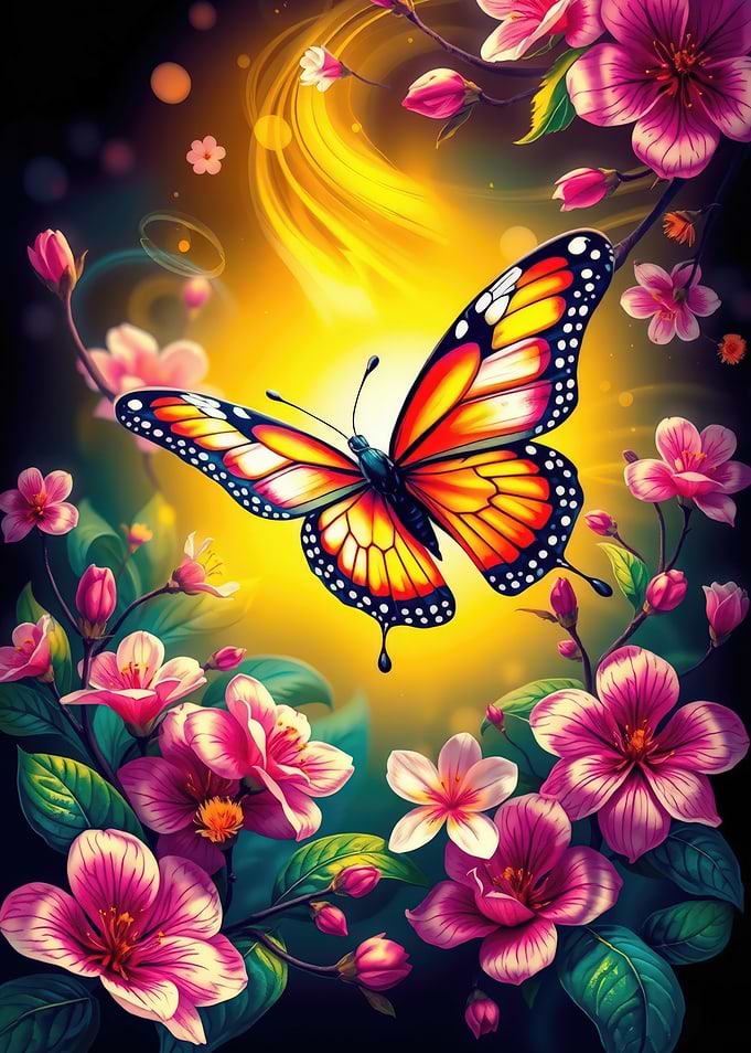 Butterfly and Flowers, spring illustration