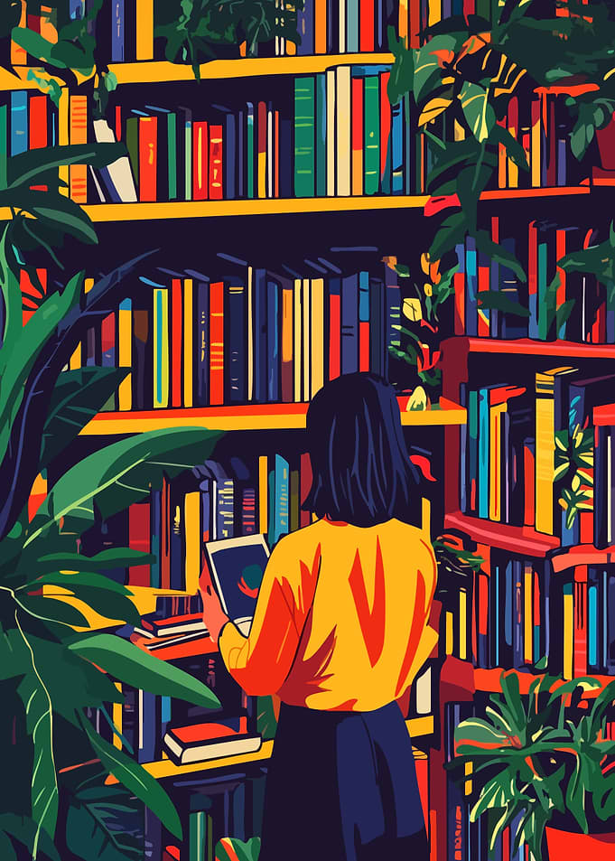 Girl in Book Garden Library Minimalist Art