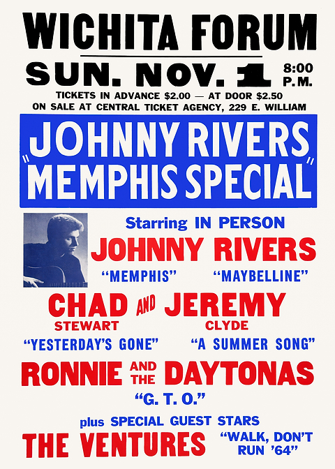 Johnny Rivers Concert Poster — retro concert bill printed on metal