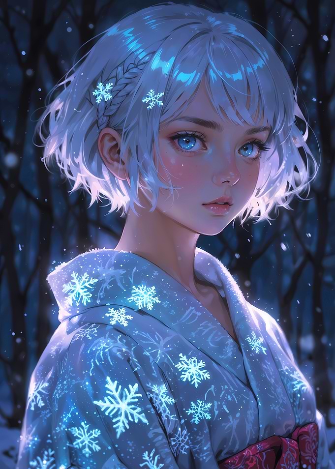 Snow Blossom: Winter Kimono Anime Girl Portrait
