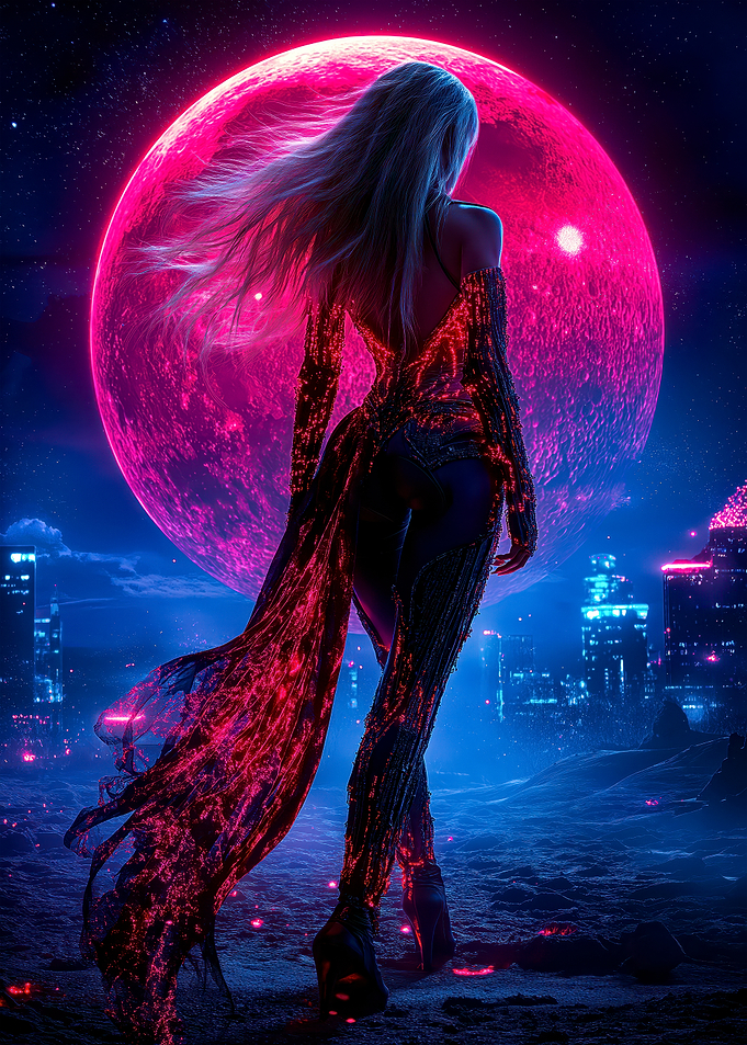 Cyberpunk Woman Under Red Moon