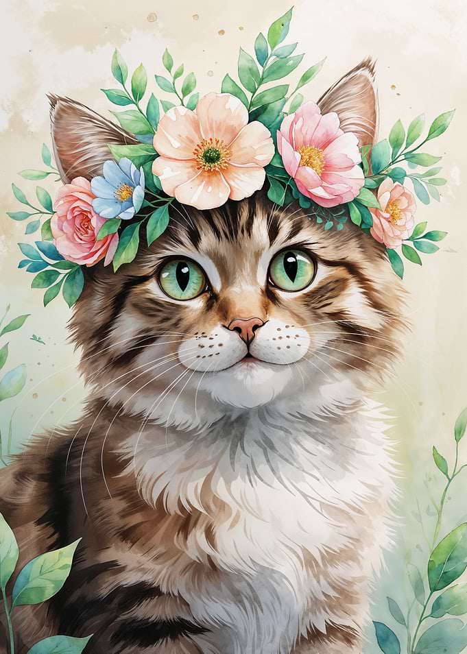 Cute Cat with Flower Crown Watercolor
