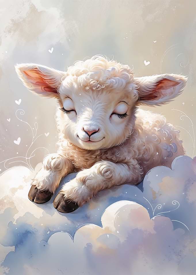 Sleeping Lamb on Clouds Watercolor
