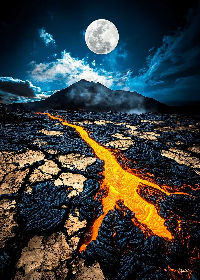 Molten Night: Lava Flow Beneath a Full Moon