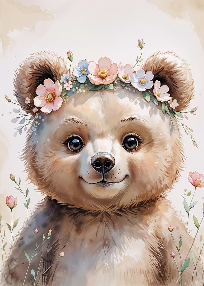 Cute Bear with Flowers Watercolor