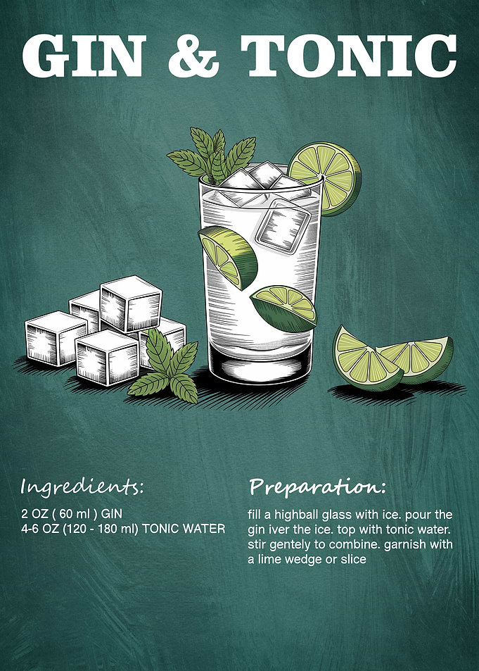 Gin and Tonic Cocktail Poster, Recipe, Cocktail Print, Bar, Kitchen Art, Cocktail Lover