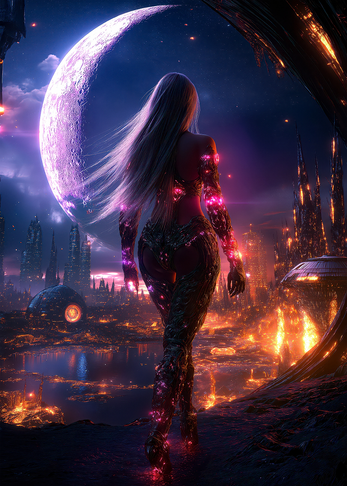 Cyberpunk Woman in a Burning City