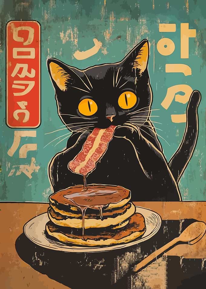 Black Cat Eating Pancakes