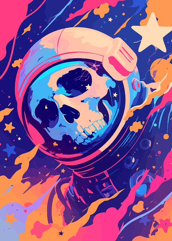 Skull Astronaut Surreal Cosmic Minimalist Art