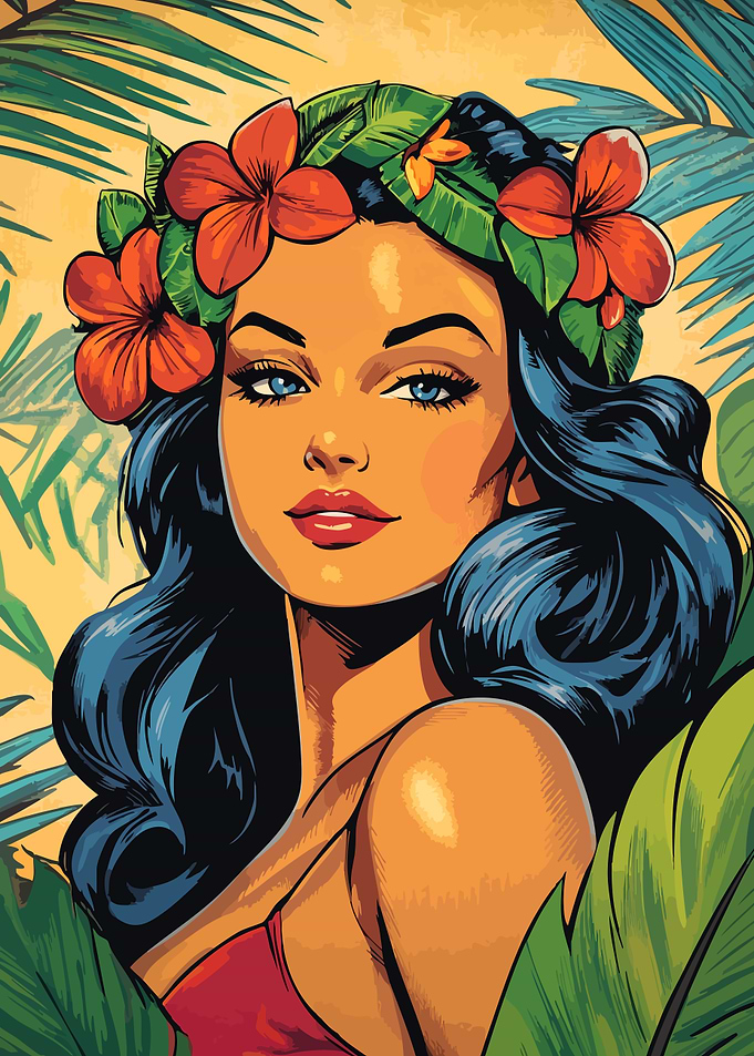1950s Woman in Hawaii Minimalist Illustration Art
