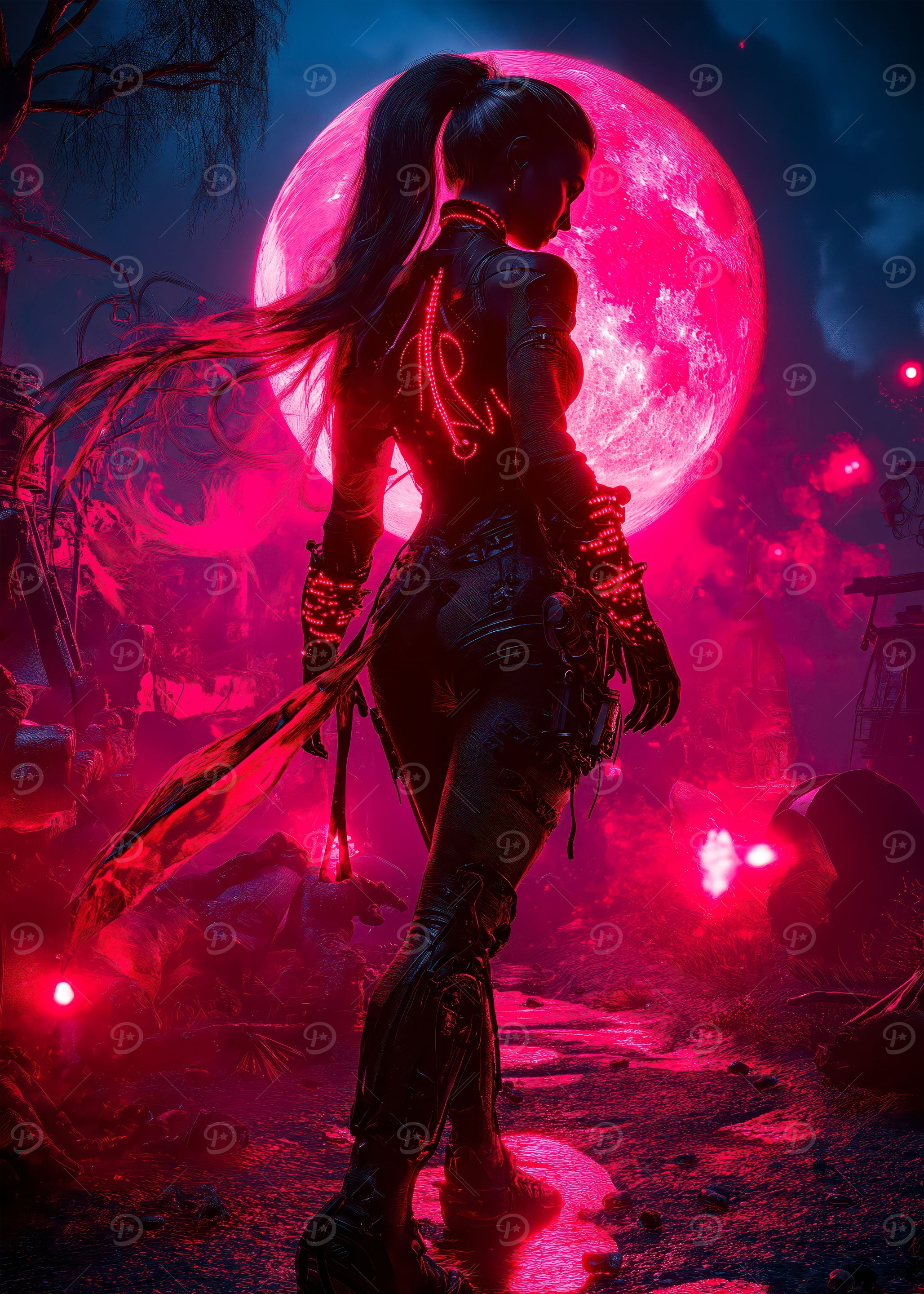 Cyberpunk Warrior Under Red Moon