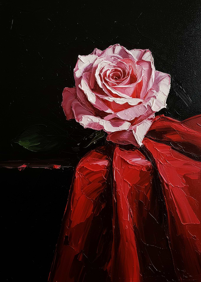 Single Pink Rose on Red Fabric