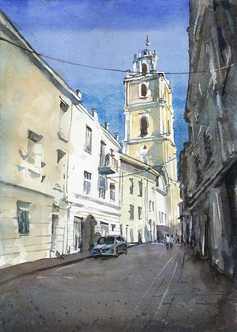 Vilnius Lithuania skyline watercolor