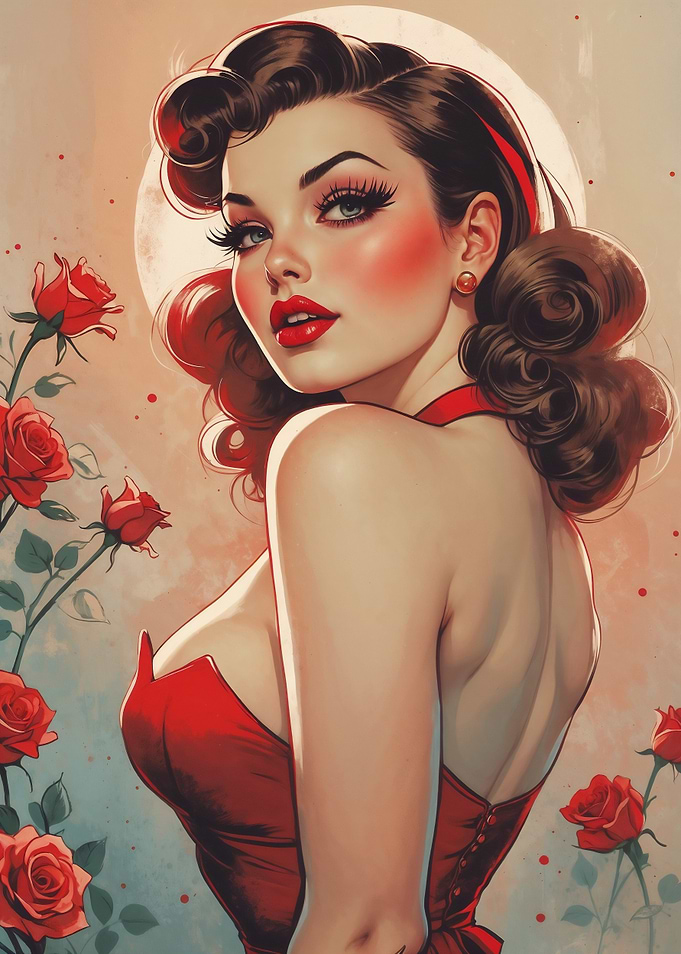 Brunette Pin-up Red Roses