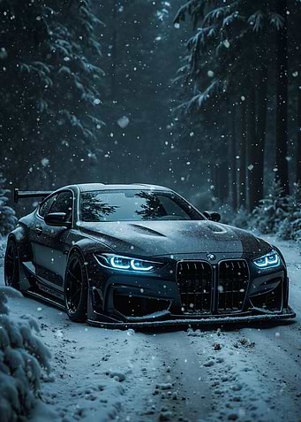 Black BMW in Snowy Forest