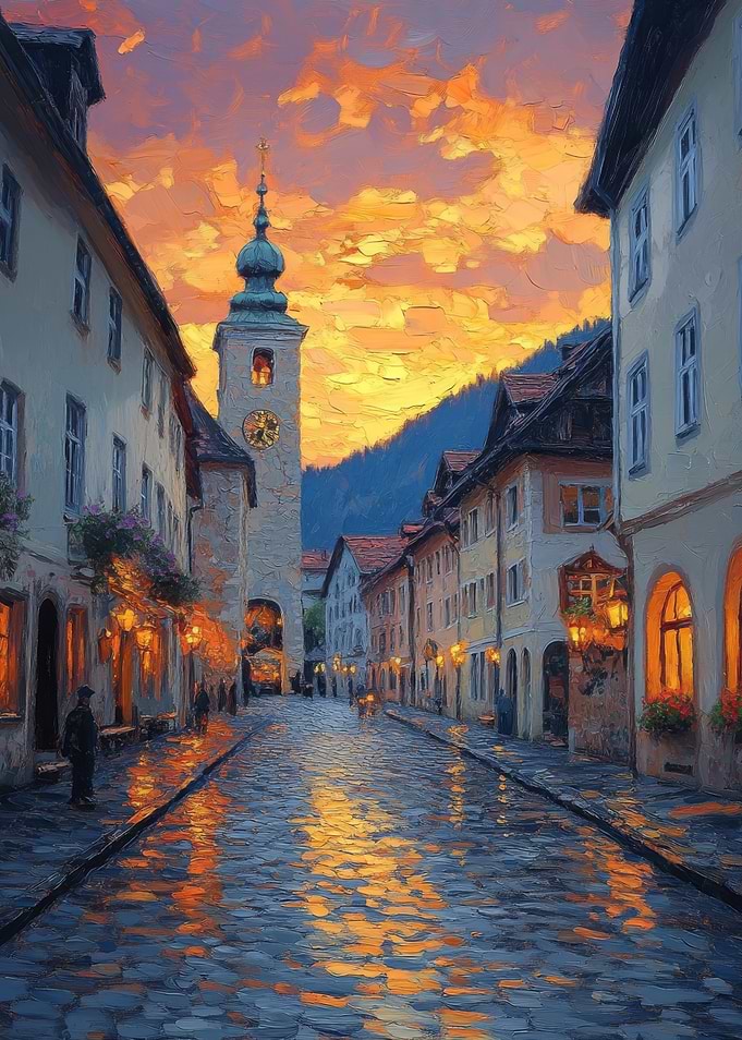 Cobblestone Street at Sunset