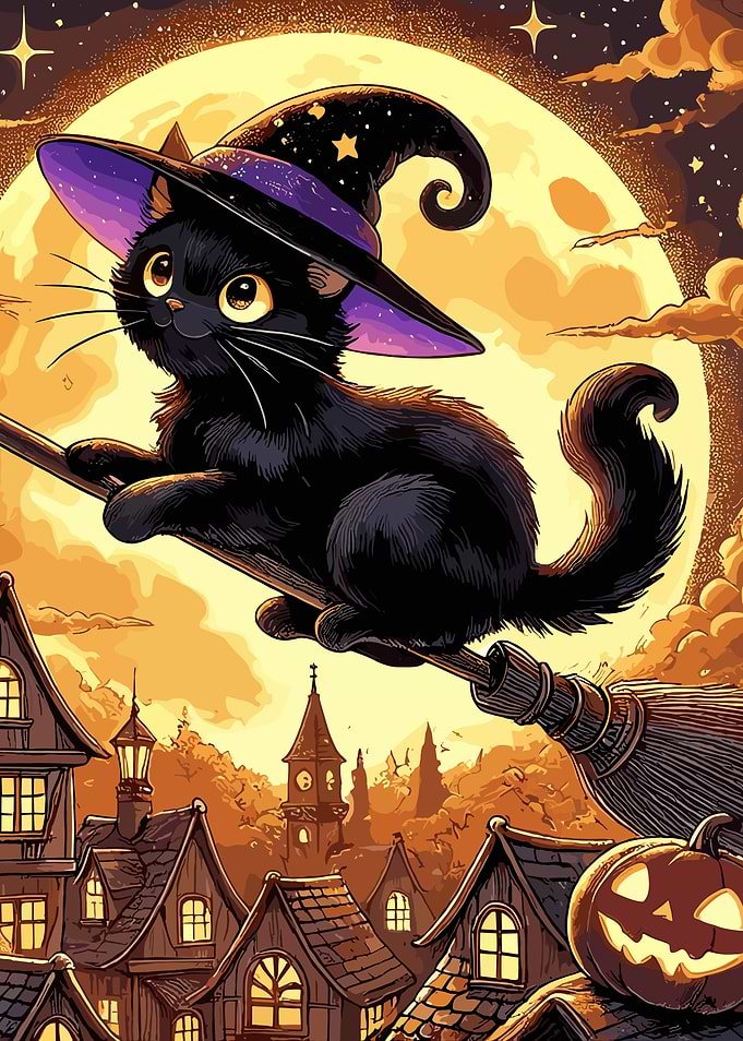 Black Cat Witch on Broom