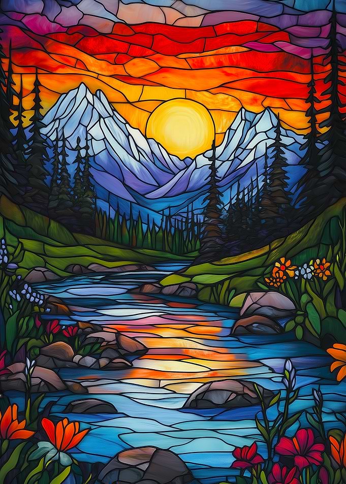 Stained Glass Mountain Sunset