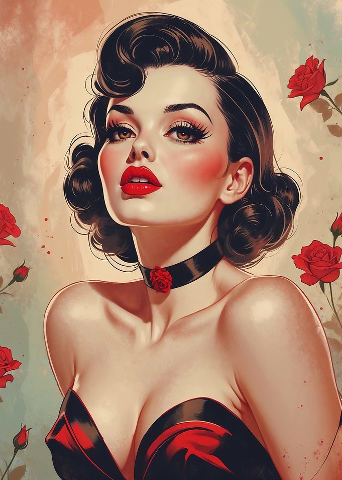 Brunette Pin-Up Red Roses Portrait