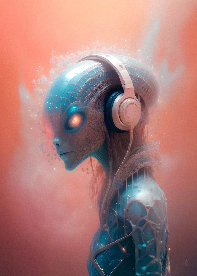 Coral Alien with Headphones