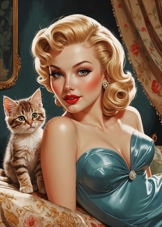 Blonde Pinup with Cute Kitten