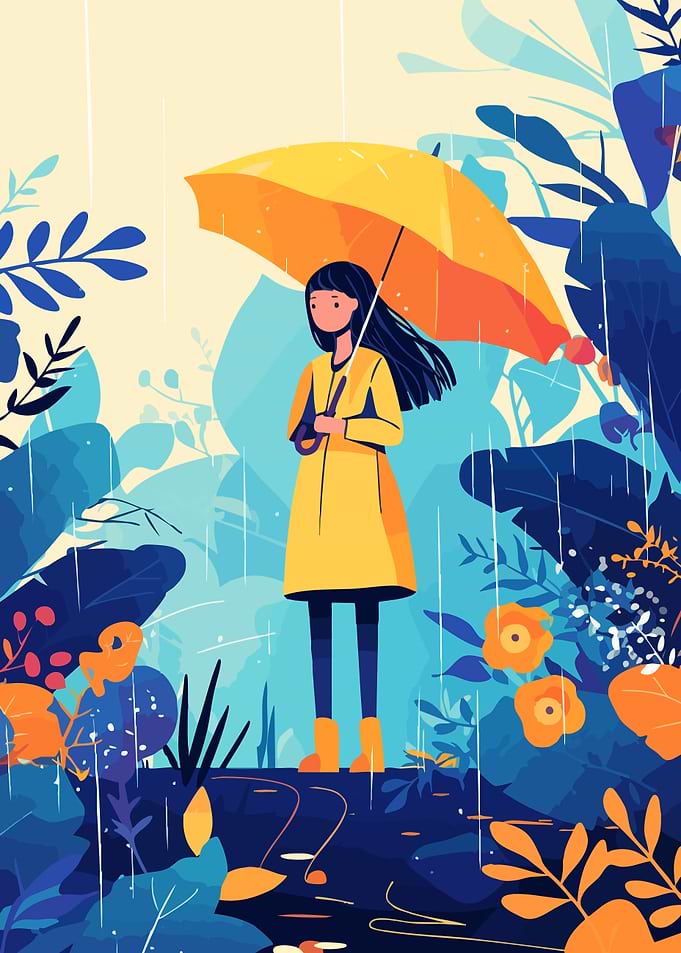 Rainy Day Umbrella Blue Forest Minimalist Art Illustration
