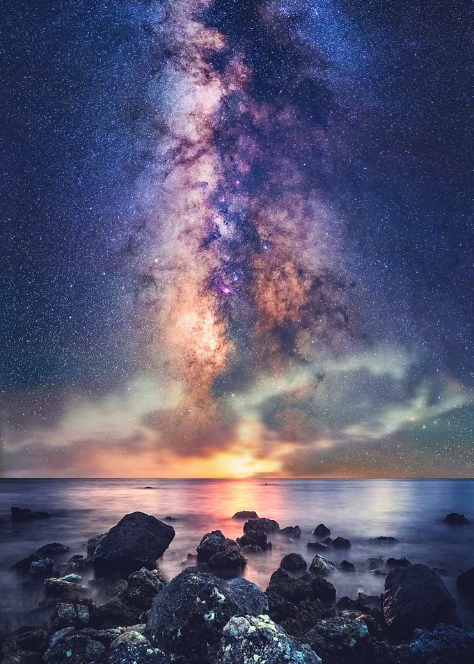 Iridescent Cosmos Over Tranquil Shore | Milky Way Night Sky Print