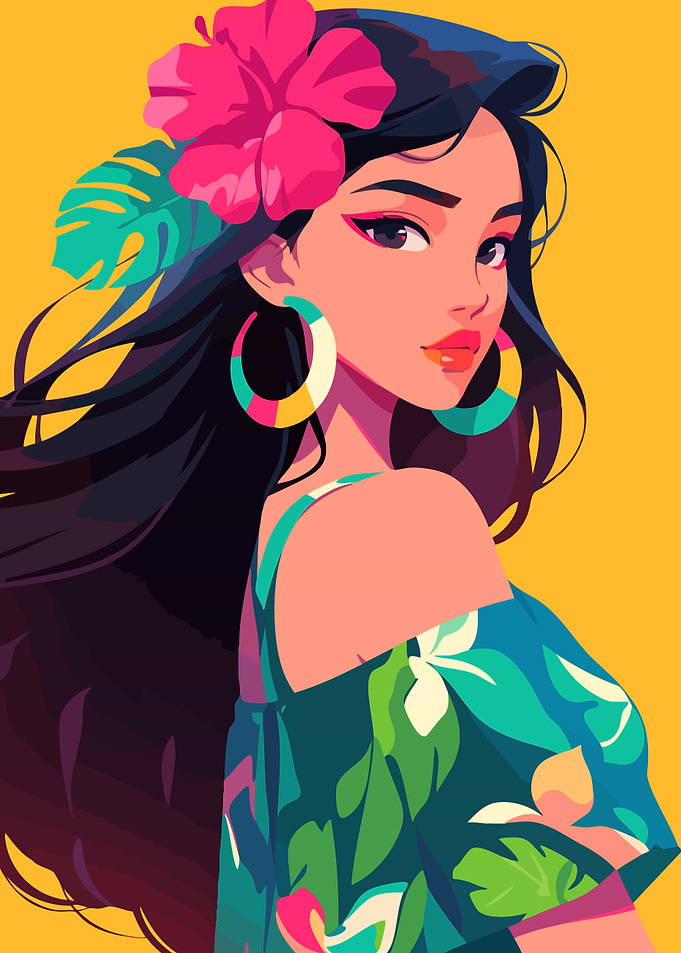 Tropical Girl Vacation Dress Minimalist Art Illustration