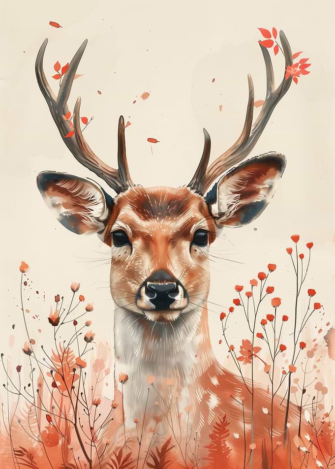 Deer in Autumn With Flowers and Floral background Watercolor Style