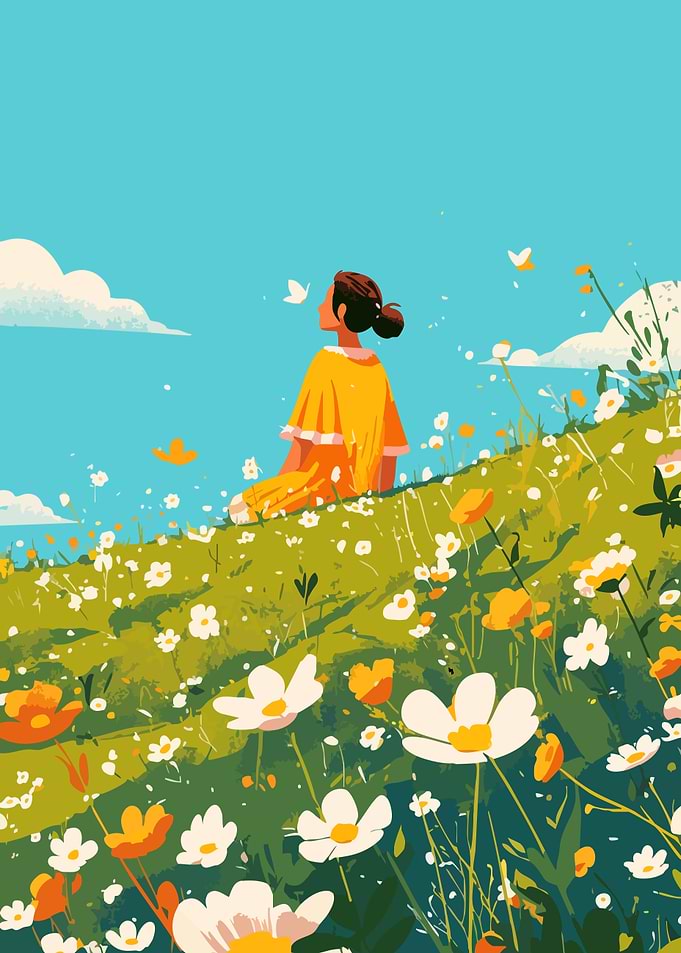 Woman in a Field of Flowers Minimalist Art Illustration