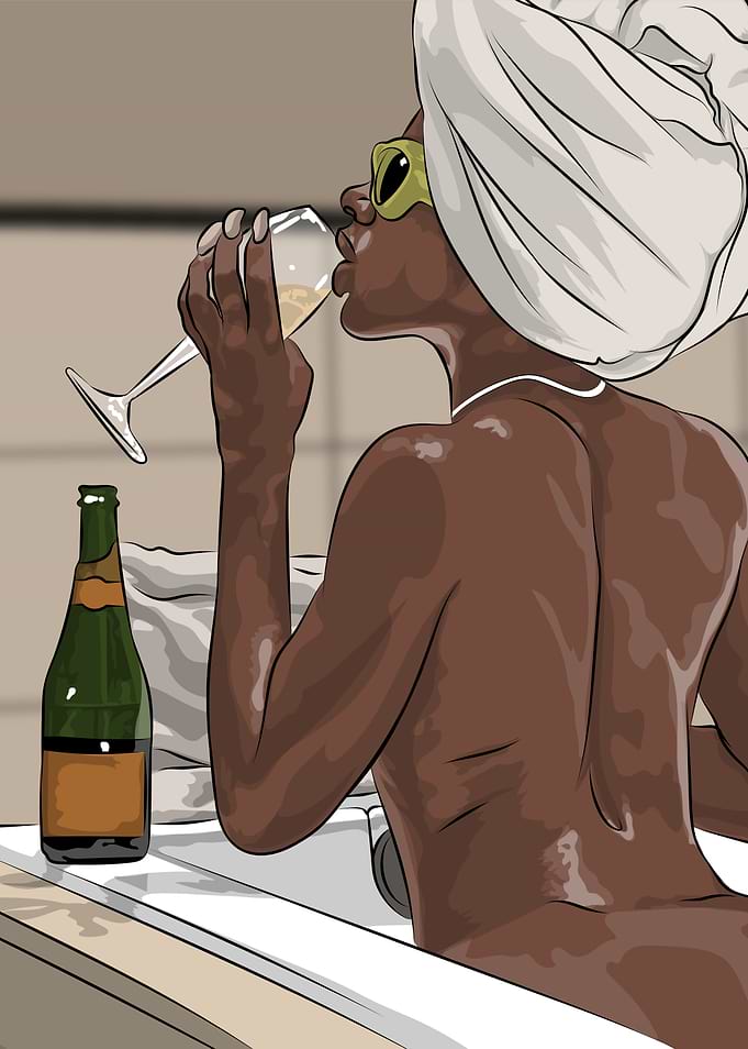 Woman Drinking Champagne in Tub