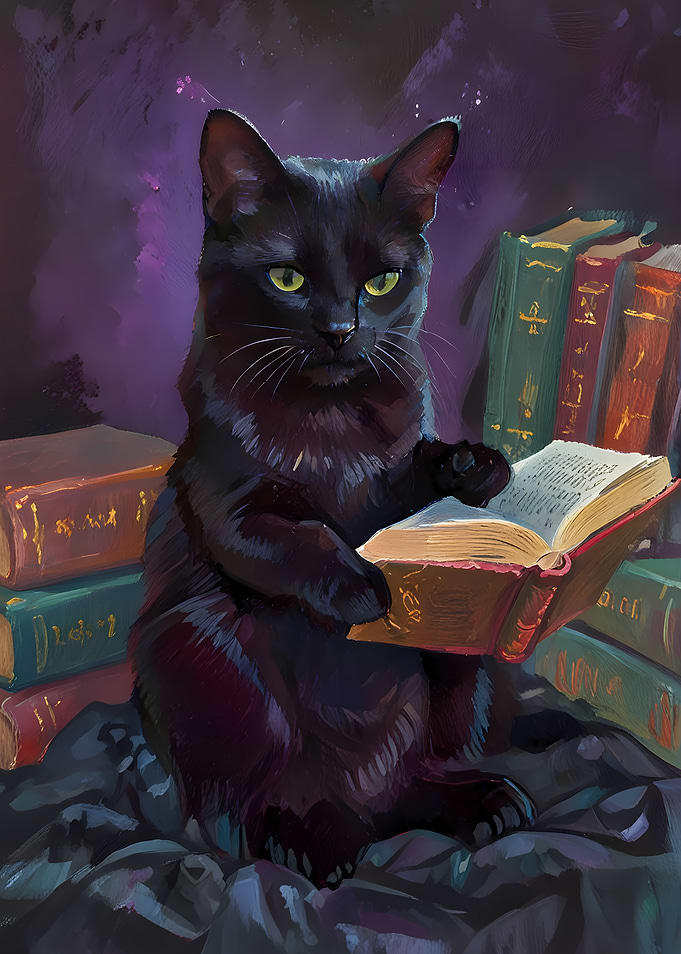 Oil Painting Black Cat Reading