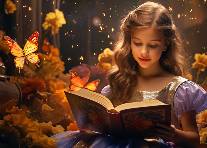 Girl Reading in a Magical Forest