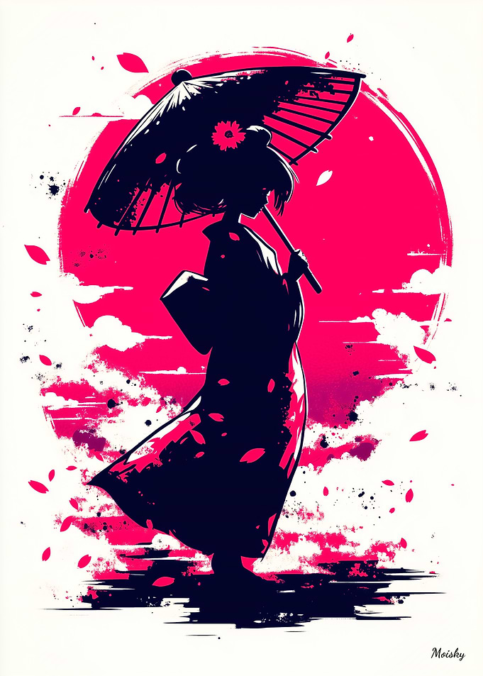 Traditional Japanese Woman Under the Sakura Moon