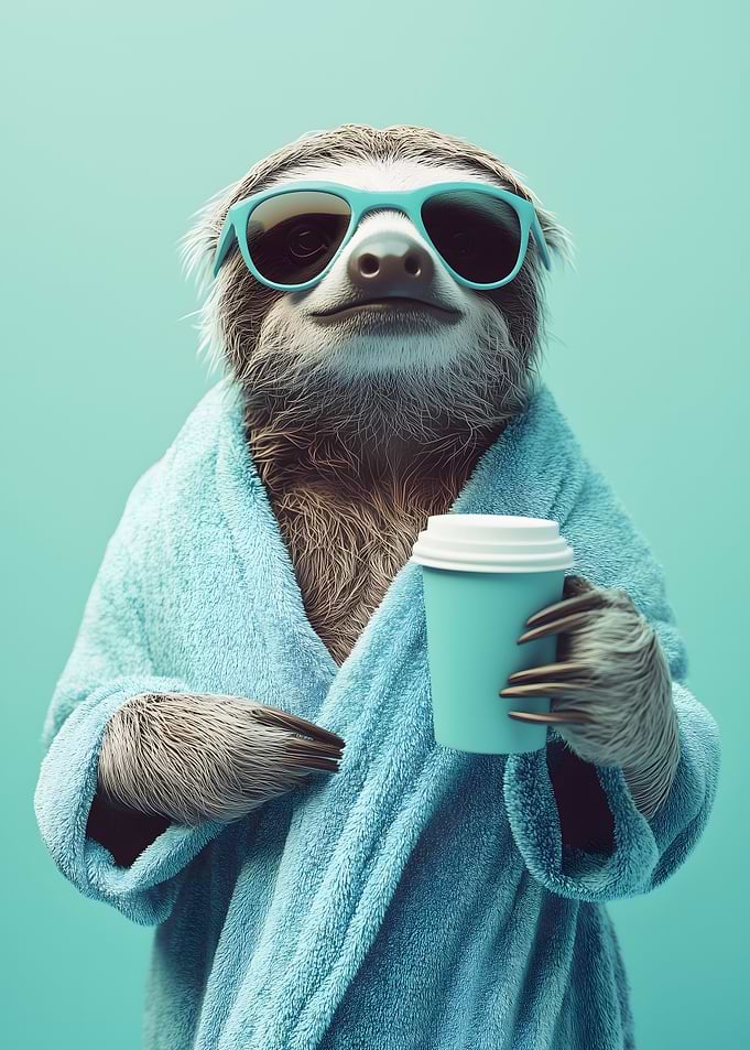 Sloth in a Robe with Coffee